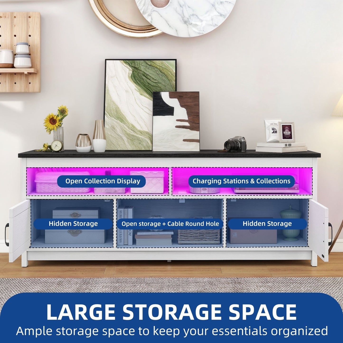 Meuble TV Farmhouse pouvant accueillir jusqu'à 65 téléviseurs avec portes et étagères ouvertes Console multimédia Prise de courant