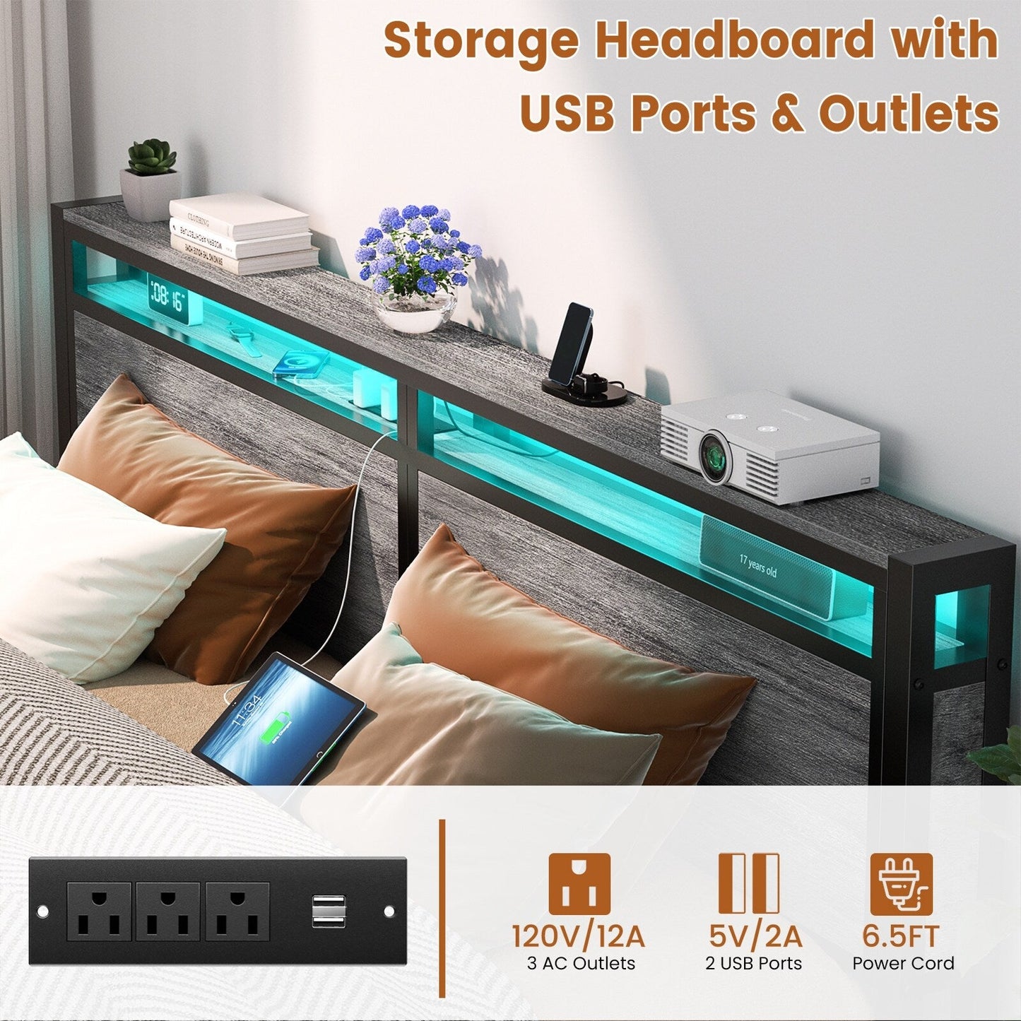 Cadre de lit plateforme en bois de style ferme avec station de charge et lumières LED