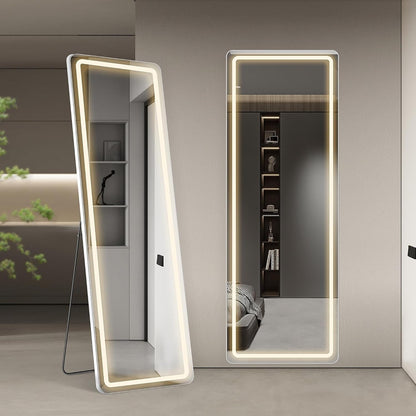Miroir de sol avec éclairage LED, miroir pleine longueur 64 x 21 avec support, miroir suspendu, miroir mural, miroir intégral