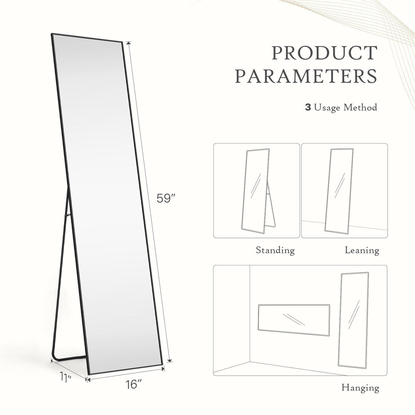 Full Length Mirror with Stand, Floor Mirror with Aluminum Alloy Frame for Bedroom, Standing Full Body Mirror for Wall, Cloakroom