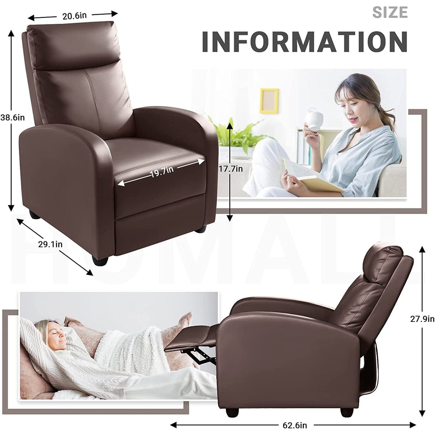 Furniwell PU Leather Sofa Recliner with Padded Seat and Backrest.