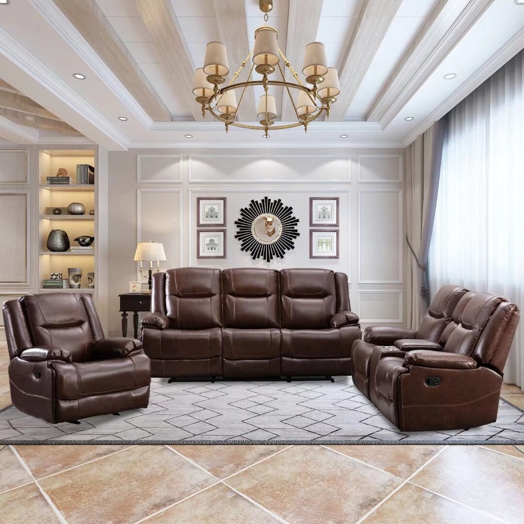 Genuine Leather Mid-century Modern Style Manual Recliners Sofa Set