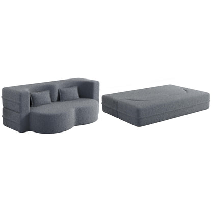 Grey 78 Convertible Teddy Fabric Loveseat Foam-Filled Floor Sofa Bed with 2 Pillows and Folding Mattress for Living Room