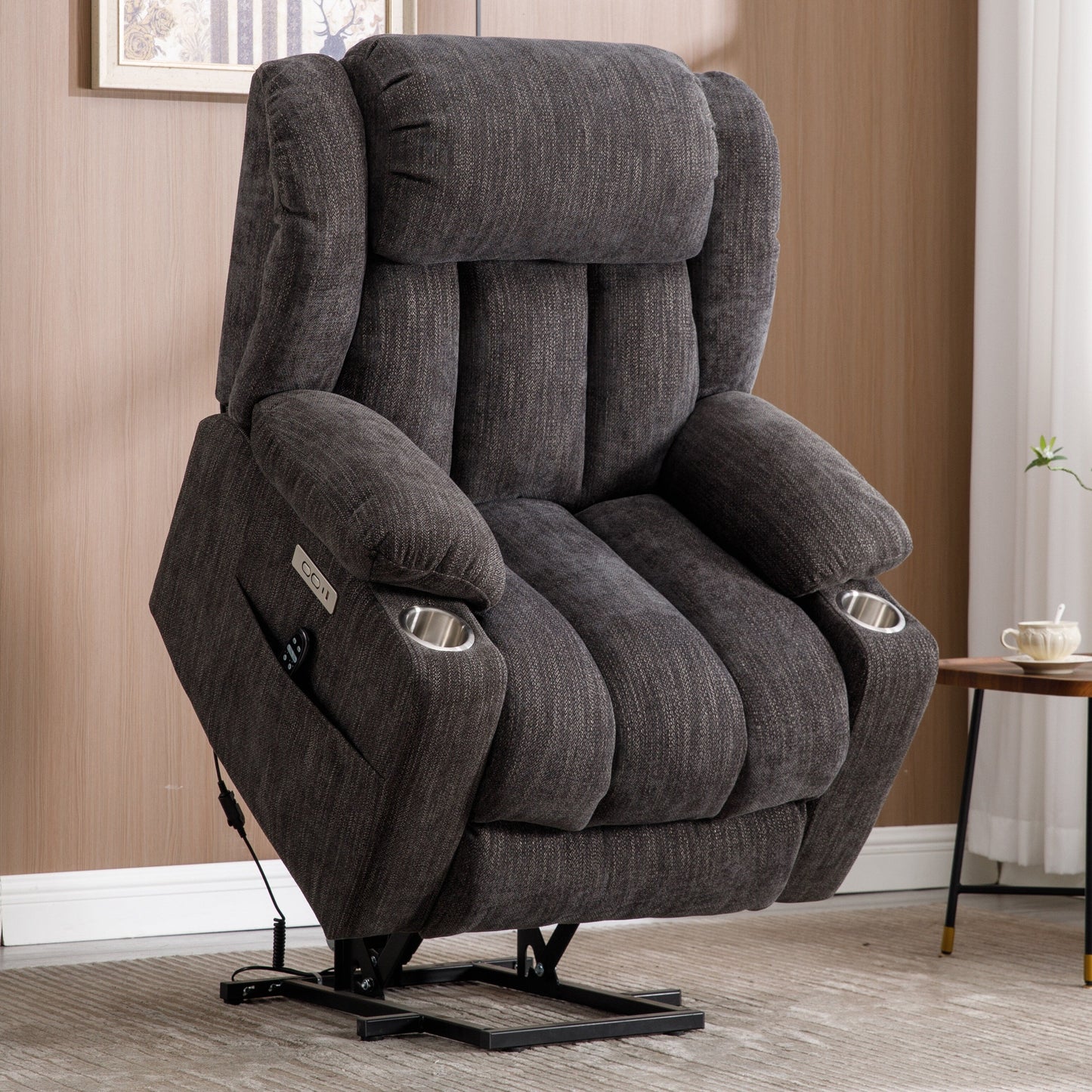 Grey Chenille Power Lift Recliner with Massage, Lumbar Heating, USB & Type-C Ports, and Stainless Steel Drink Holders
