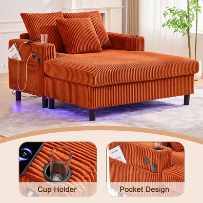 HOMEFUN Corduroy Upholstered Oversized RGB LED Light Recliner Sofa Bed with Cup Holder,USB&3 Pillows