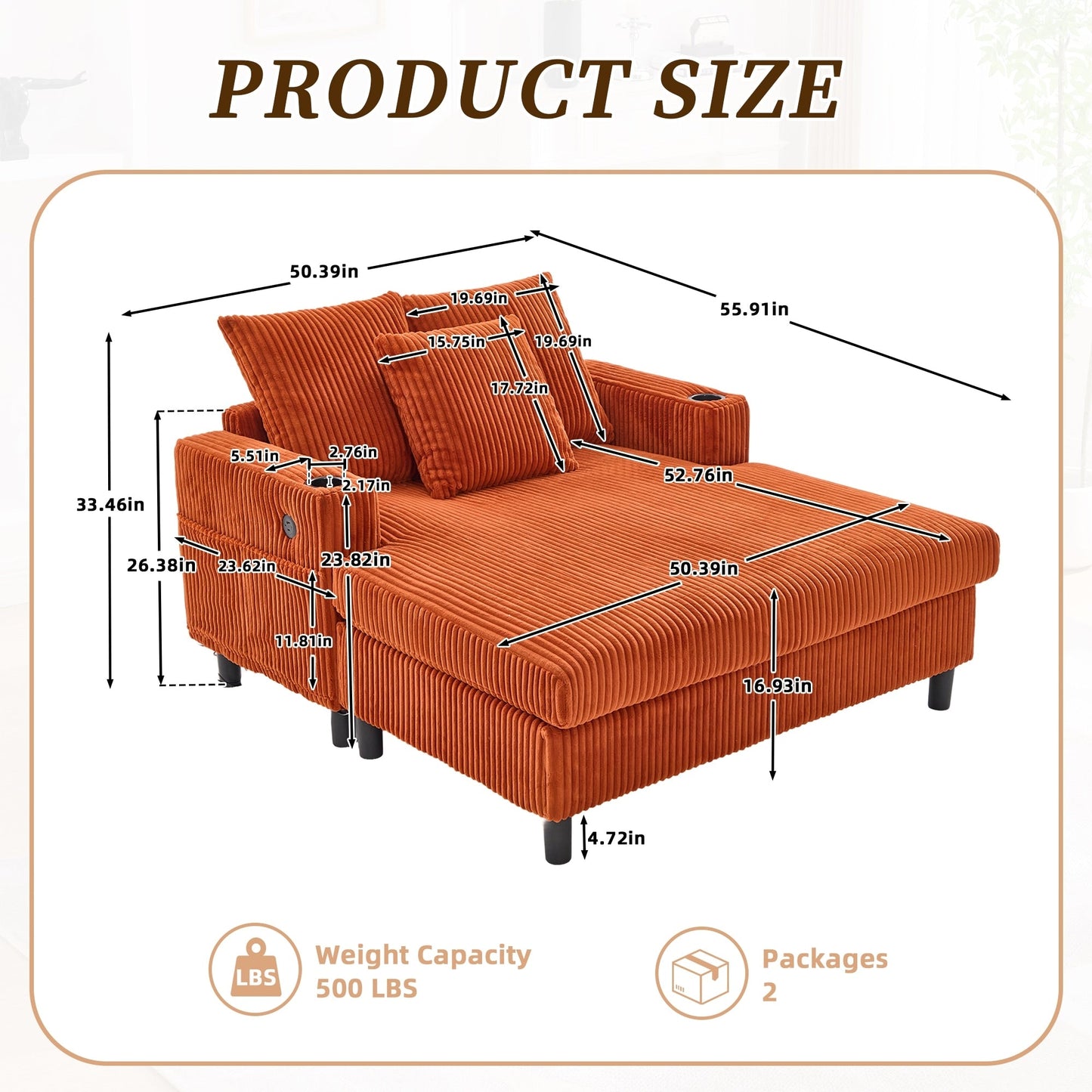 HOMEFUN Corduroy Upholstered Oversized RGB LED Light Recliner Sofa Bed with Cup Holder,USB&3 Pillows