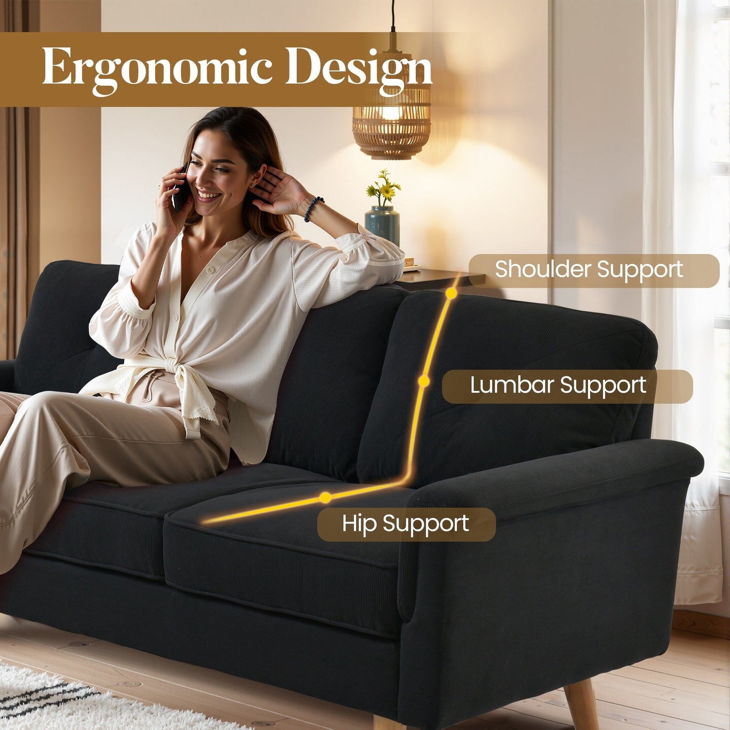 Canapé 3 places rembourré HOOOWOOO Mid-Century avec pieds en bois pour salon