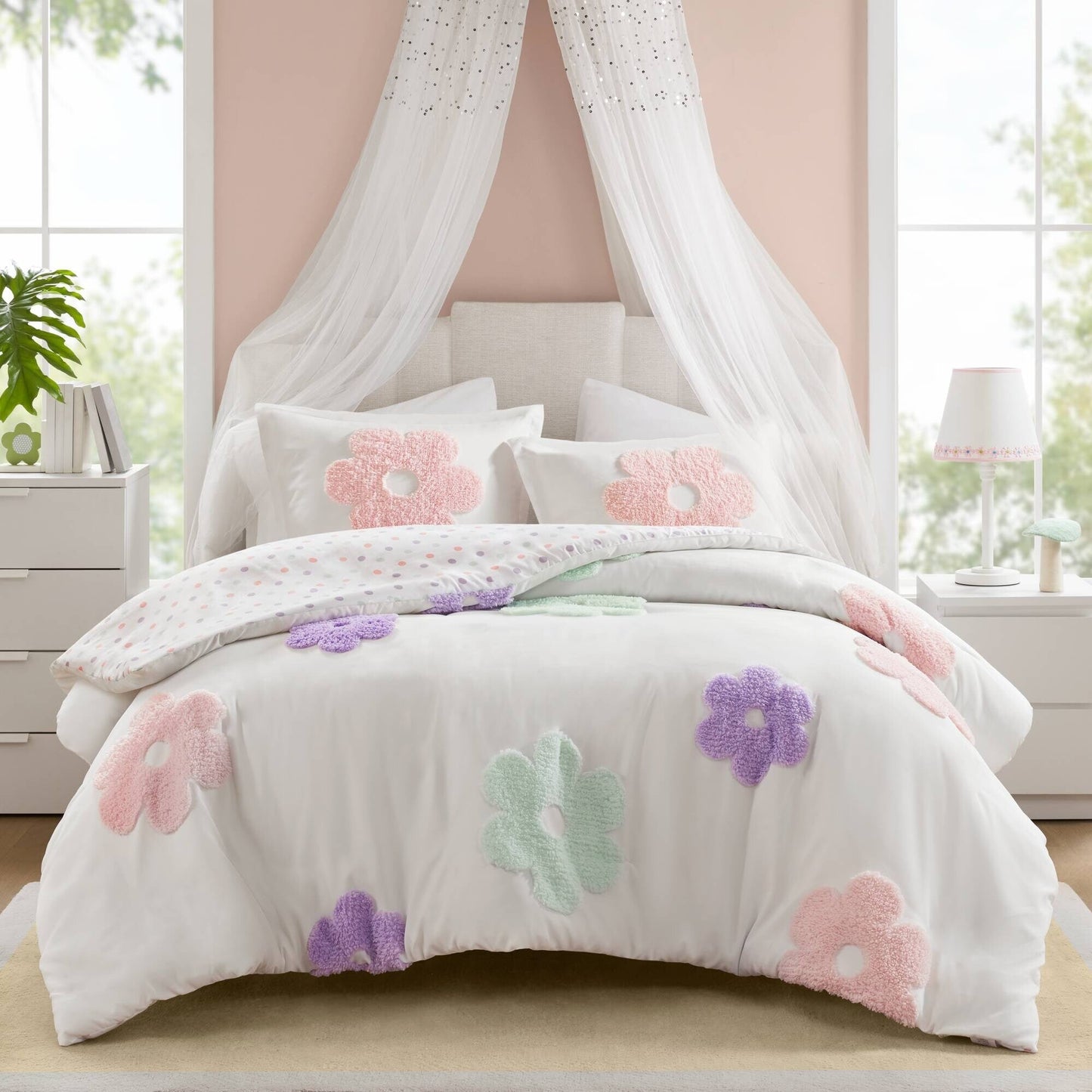 Parure de lit réversible en chenille touffetée à motif floral Madeline pour enfants de conception intelligente