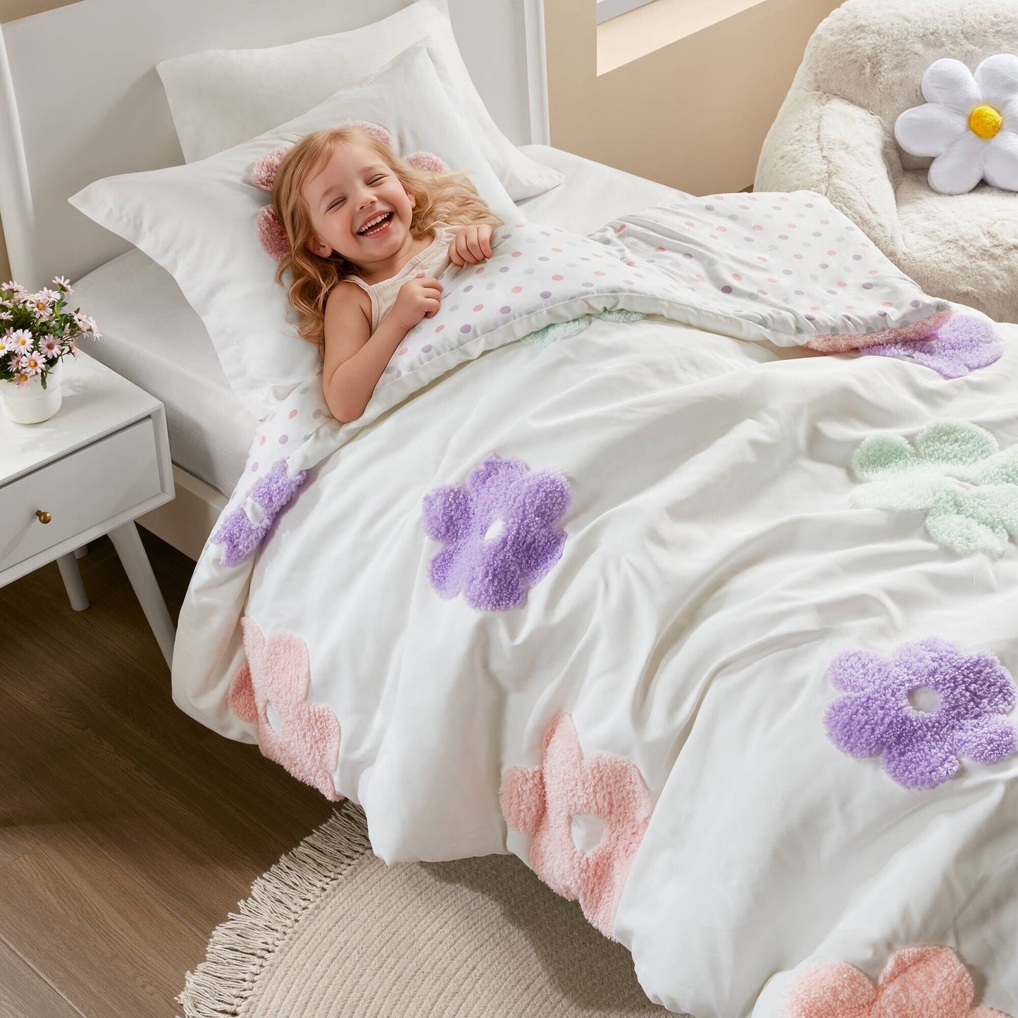 Parure de lit réversible en chenille touffetée à motif floral Madeline pour enfants de conception intelligente
