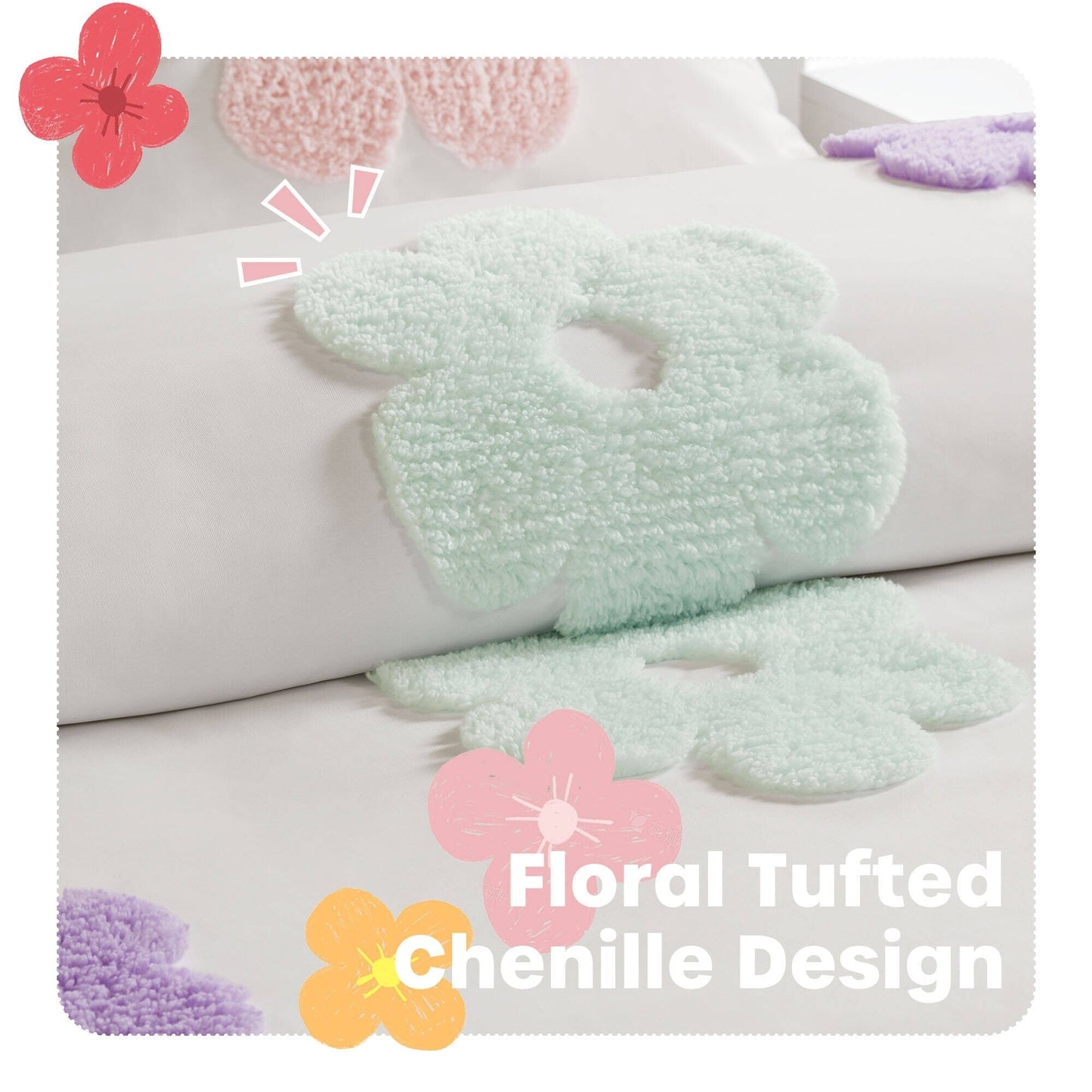 Parure de lit réversible en chenille touffetée à motif floral Madeline pour enfants de conception intelligente