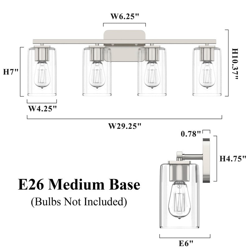KAWOTI Lampe de salle de bain moderne à 4 lumières de 29 pouces avec abat-jour en verre transparent