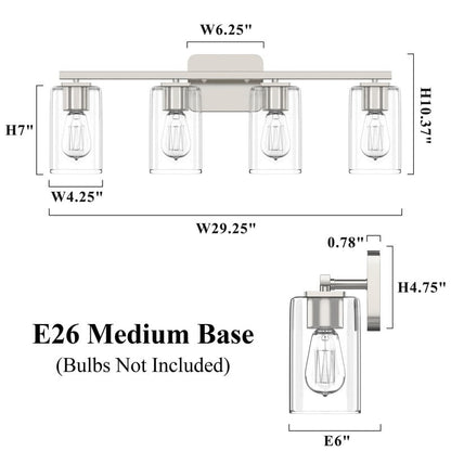 KAWOTI Lampe de salle de bain moderne à 4 lumières de 29 pouces avec abat-jour en verre transparent