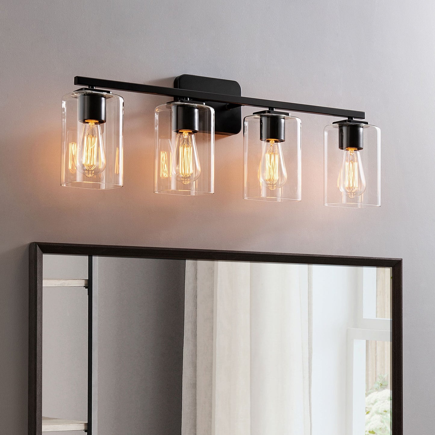 KAWOTI Lampe de salle de bain moderne à 4 lumières de 29 pouces avec abat-jour en verre transparent