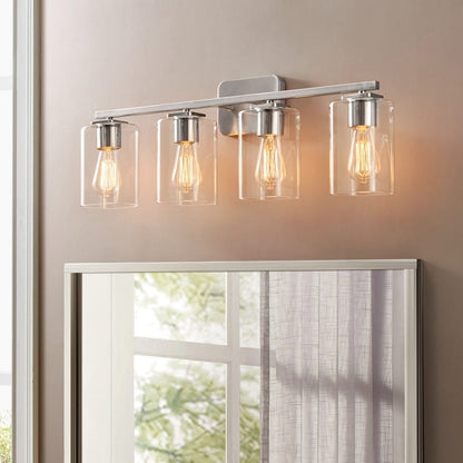 KAWOTI Lampe de salle de bain moderne à 4 lumières de 29 pouces avec abat-jour en verre transparent
