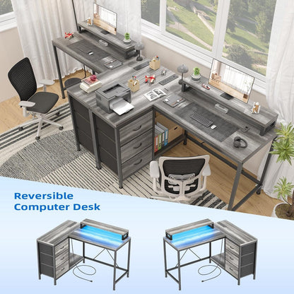 Bureau en L avec prises de courant et lumières LED