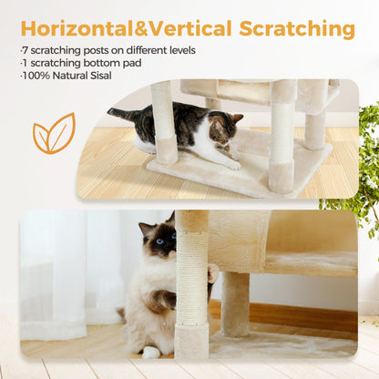 Grande tour pour chat avec griffoirs et coussins, 2 perchoirs rembourrés, double niche et panier