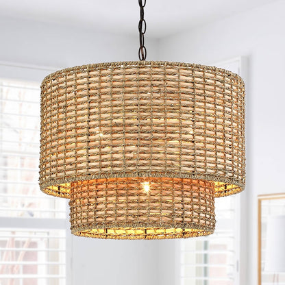 Lustre tambour à 4 lumières en rotin Lennie de 20 po avec auvent noir - 20 po de largeur - 20 po de largeur