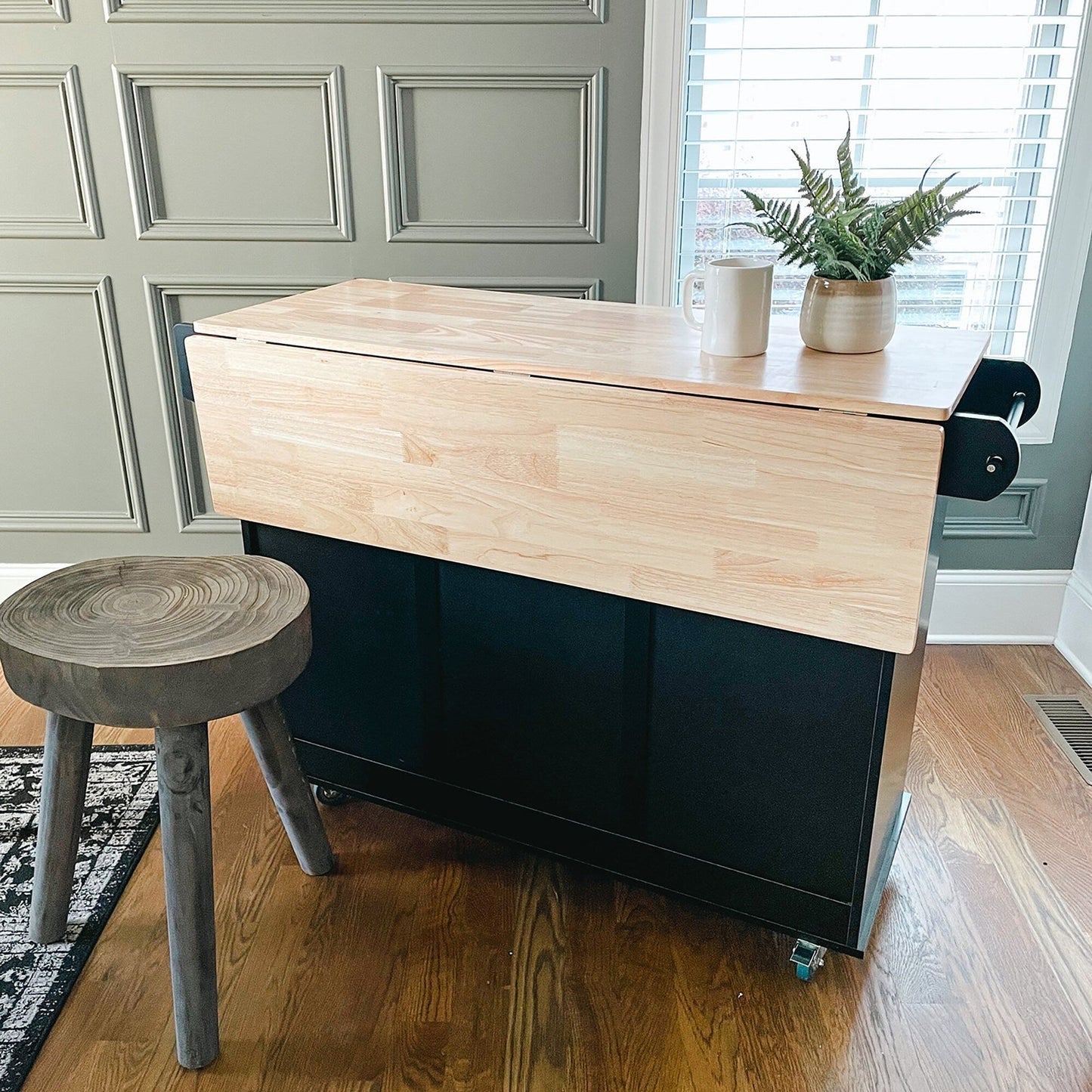 Desserte de cuisine Sophia &amp; William avec abattant et plateau en bois d'hévéa, chariot de cuisine roulant avec grand meuble de rangement