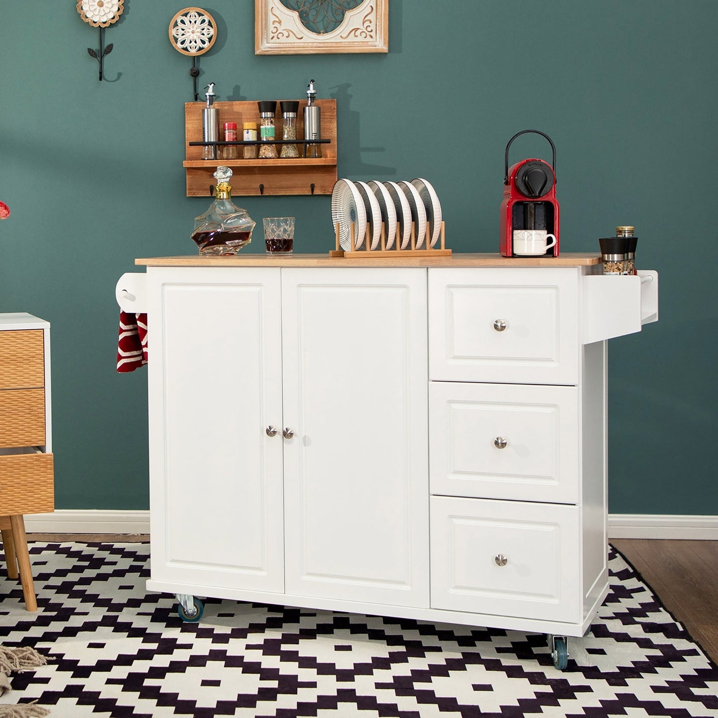 Desserte de cuisine Sophia &amp; William avec abattant et plateau en bois d'hévéa, chariot de cuisine roulant avec grand meuble de rangement