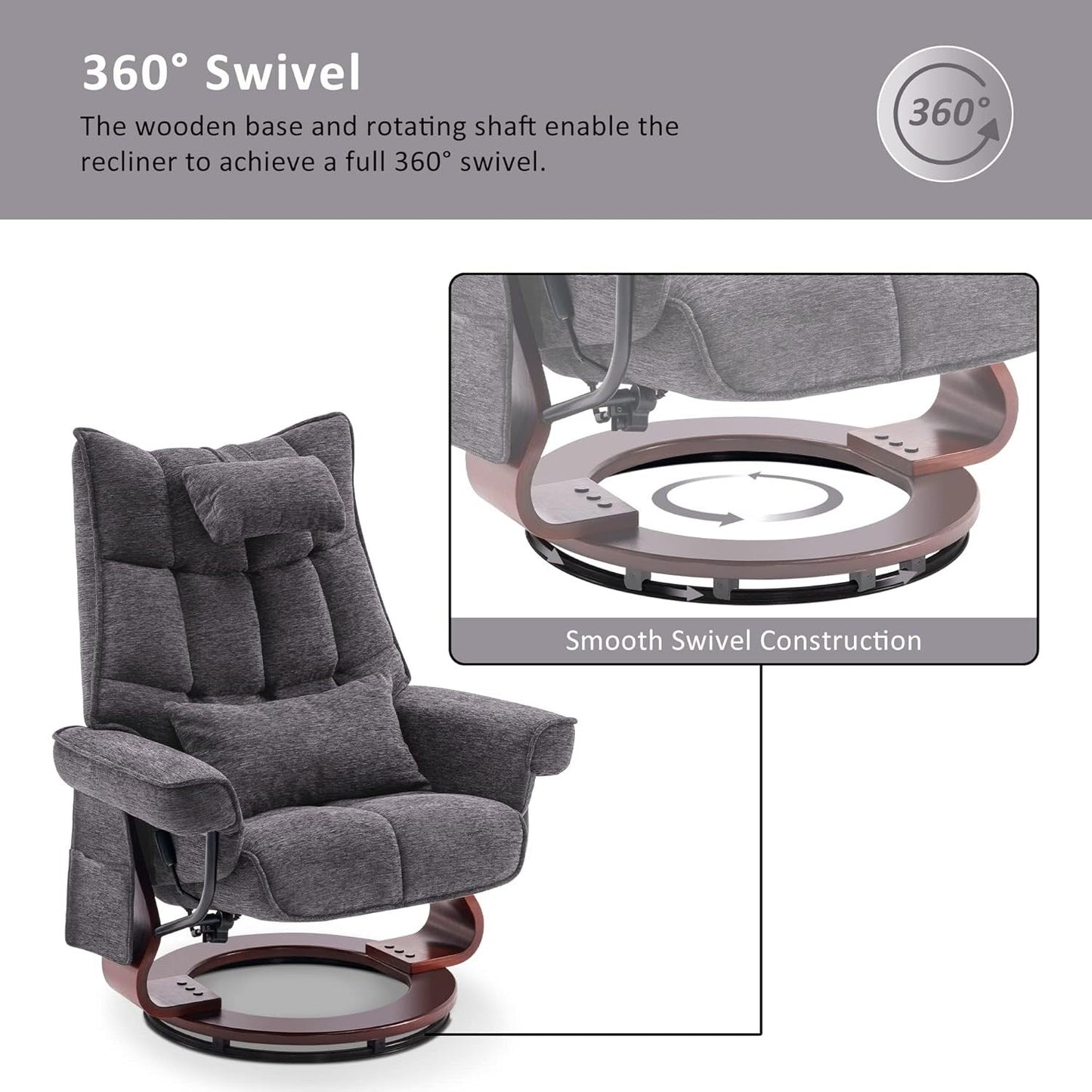 MCombo Set of 2 Swivel Recliner with Ottoman and Neck Pillow,Chenille Fabric