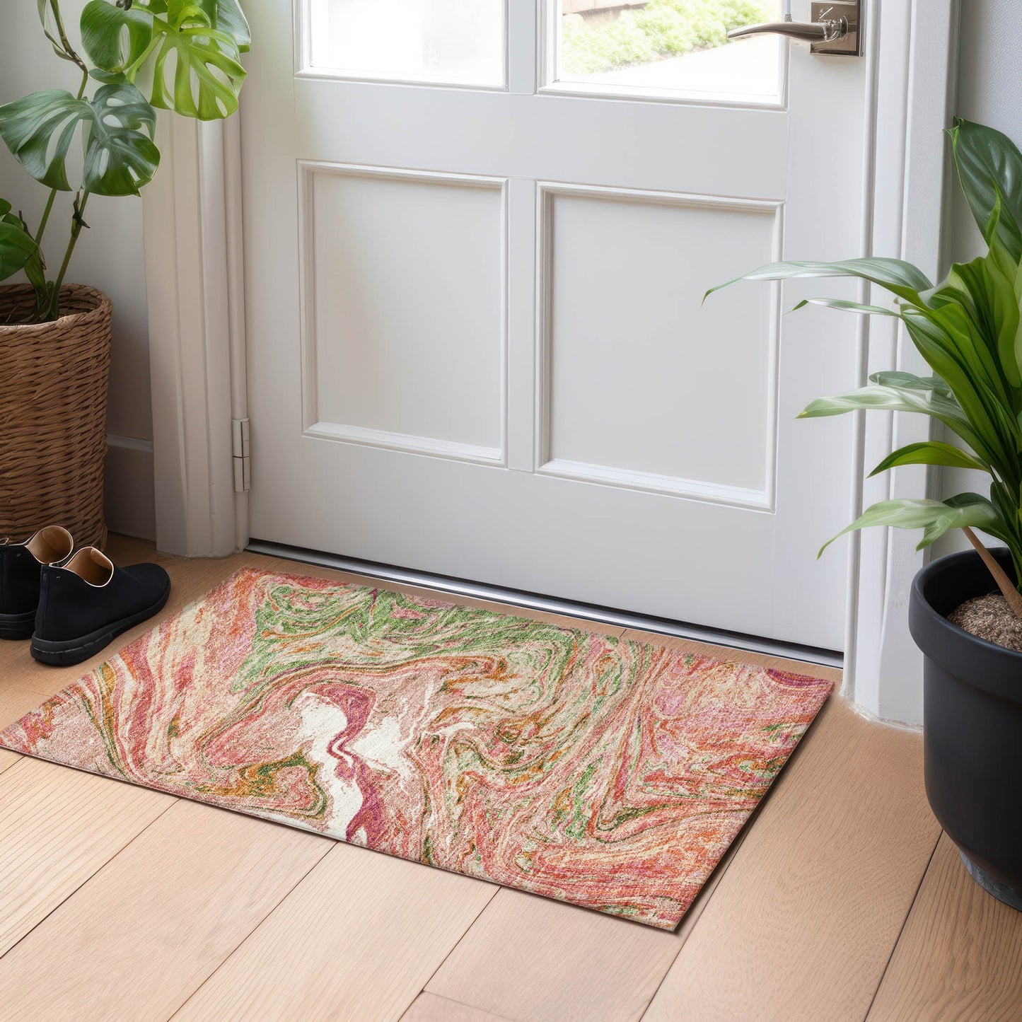 Tapis Chantille abstrait à motifs de coups de pinceau, lavable en machine, pour intérieur et extérieur