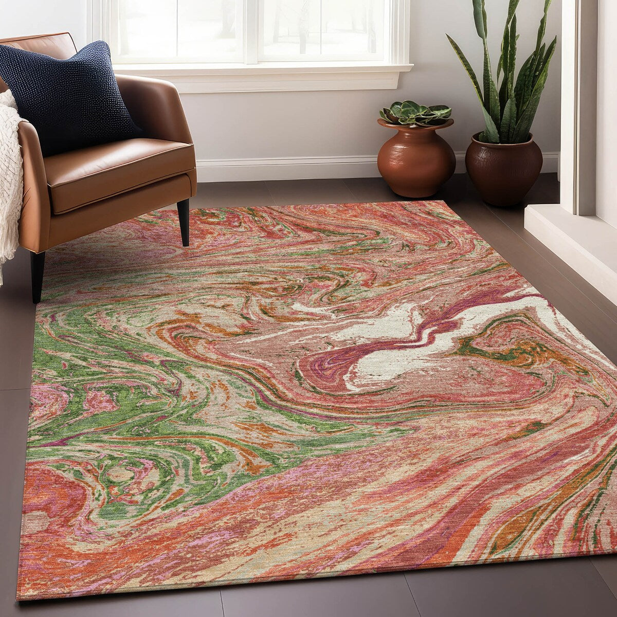 Tapis Chantille abstrait à motifs de coups de pinceau, lavable en machine, pour intérieur et extérieur