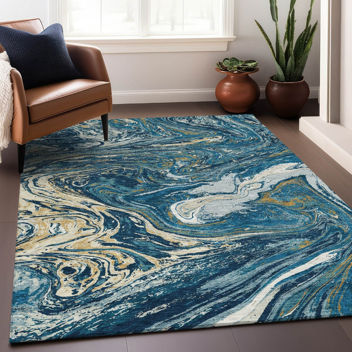 Tapis Chantille abstrait à motifs de coups de pinceau, lavable en machine, pour intérieur et extérieur