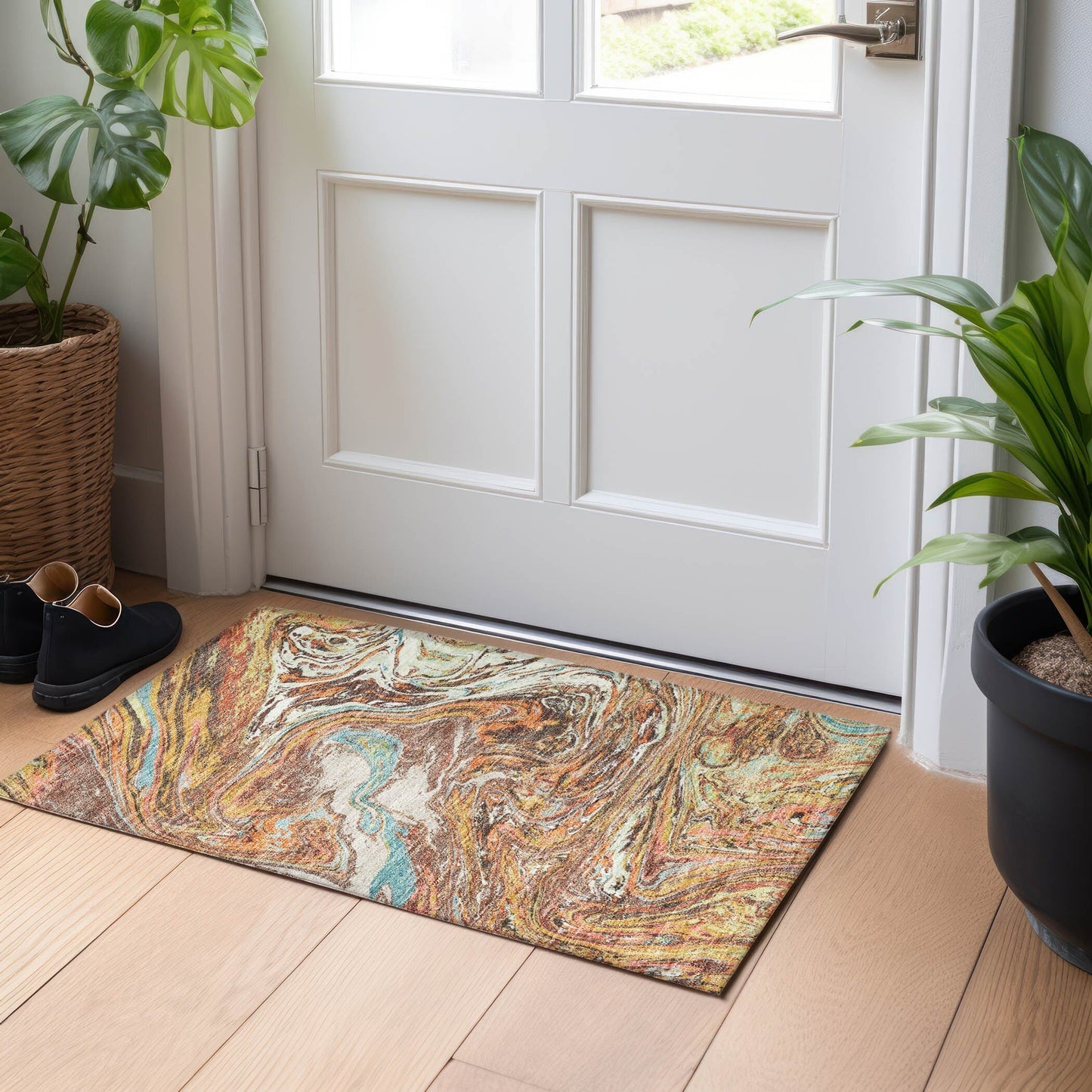 Tapis Chantille abstrait à motifs de coups de pinceau, lavable en machine, pour intérieur et extérieur