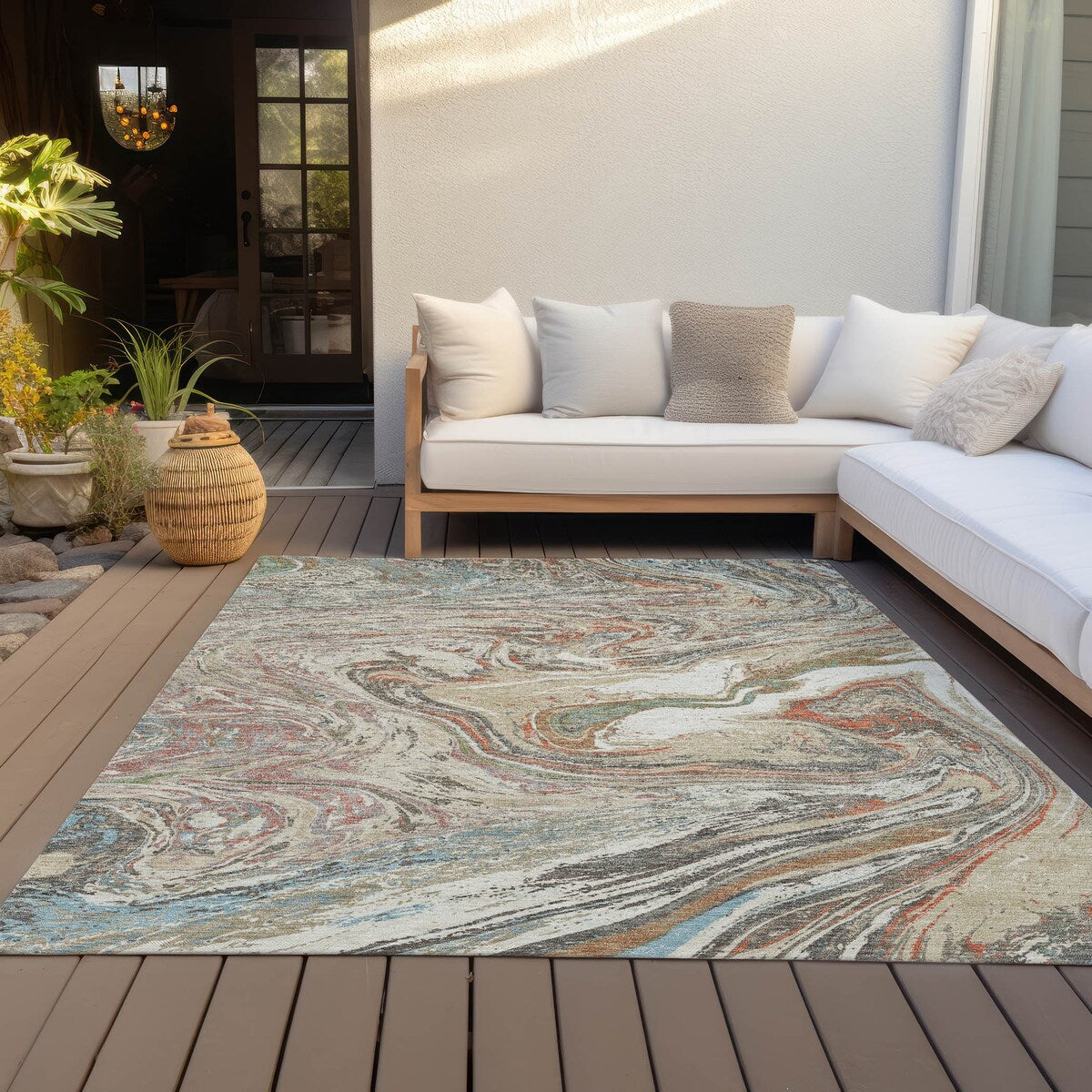 Tapis Chantille abstrait à motifs de coups de pinceau, lavable en machine, pour intérieur et extérieur