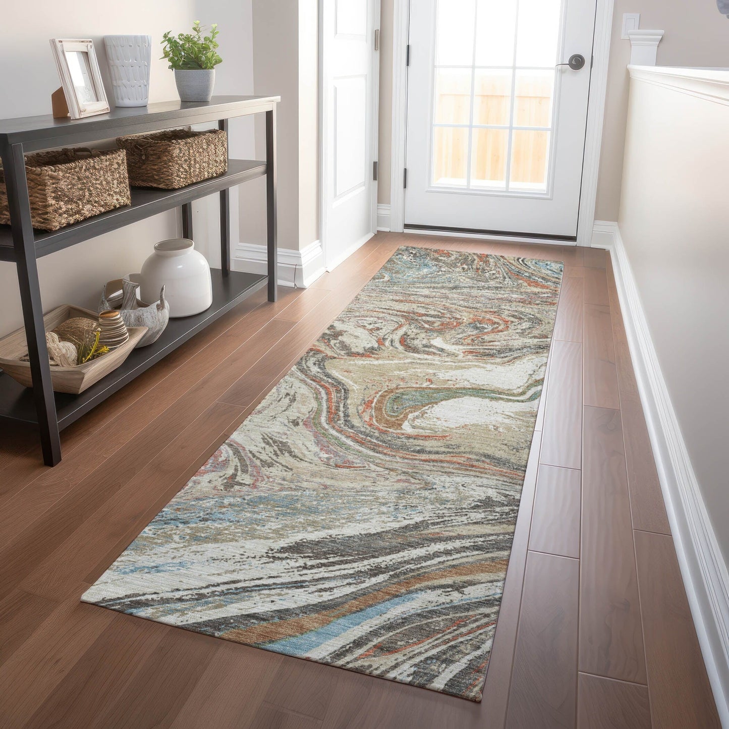 Tapis Chantille abstrait à motifs de coups de pinceau, lavable en machine, pour intérieur et extérieur