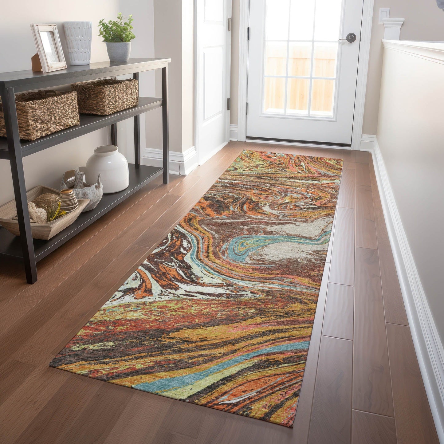 Tapis Chantille abstrait à motifs de coups de pinceau, lavable en machine, pour intérieur et extérieur
