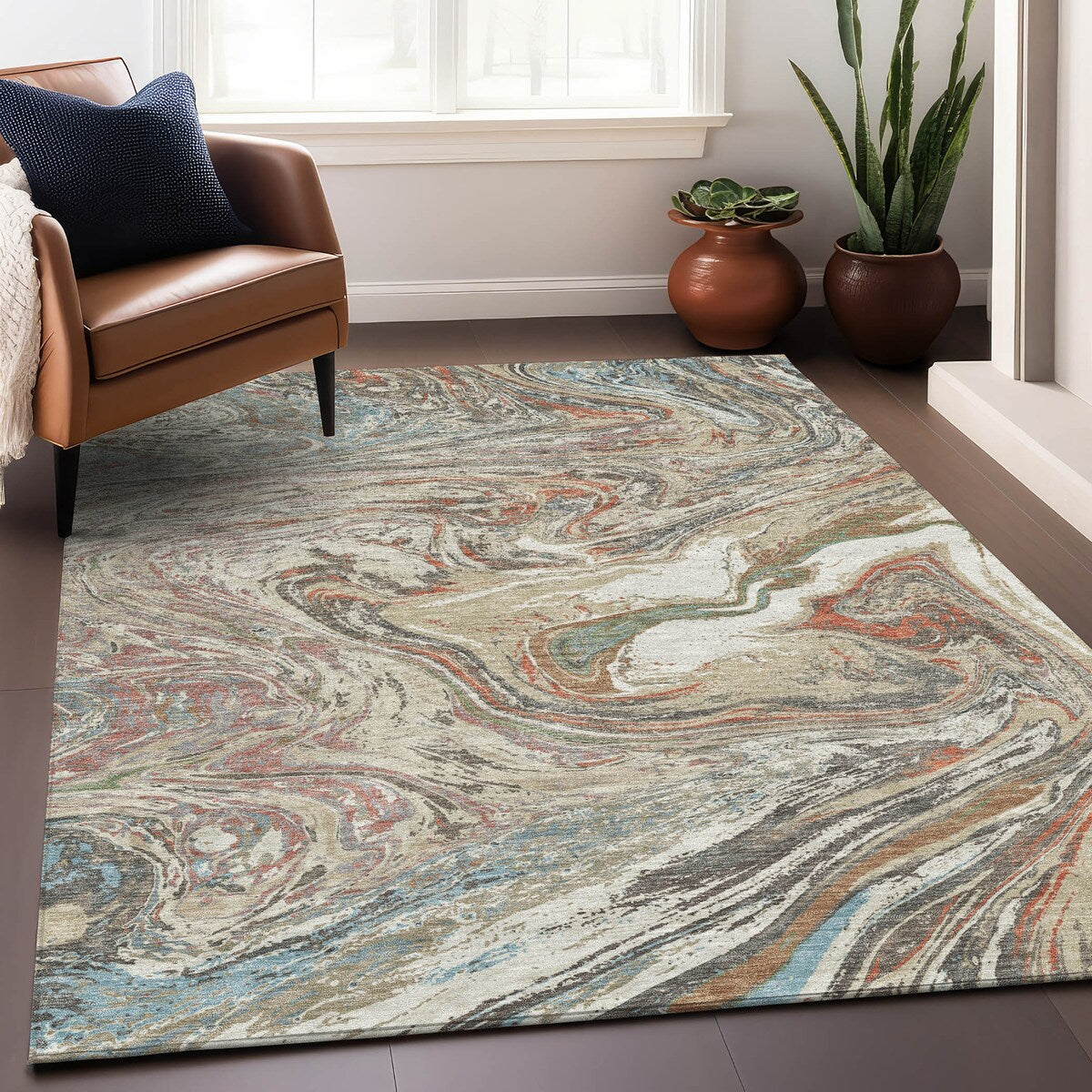 Tapis Chantille abstrait à motifs de coups de pinceau, lavable en machine, pour intérieur et extérieur
