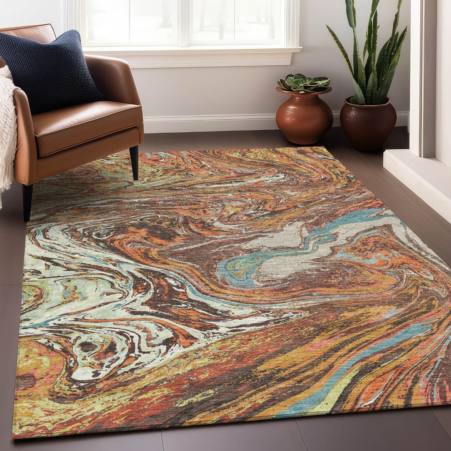 Tapis Chantille abstrait à motifs de coups de pinceau, lavable en machine, pour intérieur et extérieur