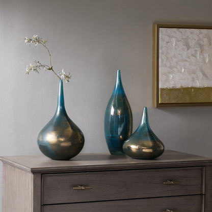 Ensemble de 3 vases décoratifs en verre bleu Aurora et bronze Madison Park Signature