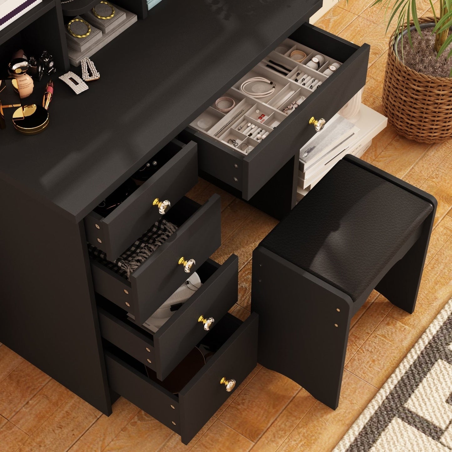 Coiffeuse avec éclairage LED, miroir et tabouret