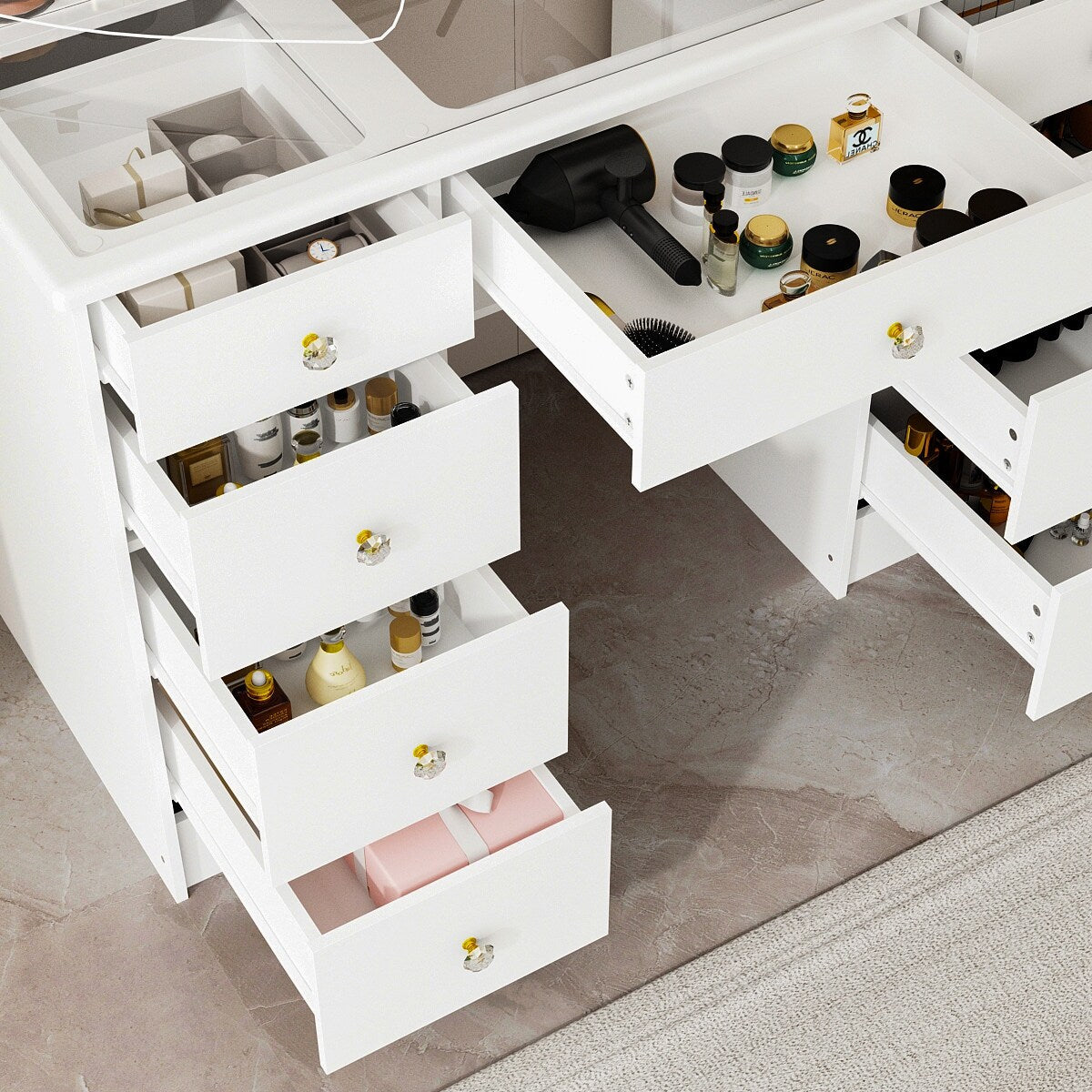 Coiffeuse avec miroir à trois volets et éclairage certifié, plateau en verre