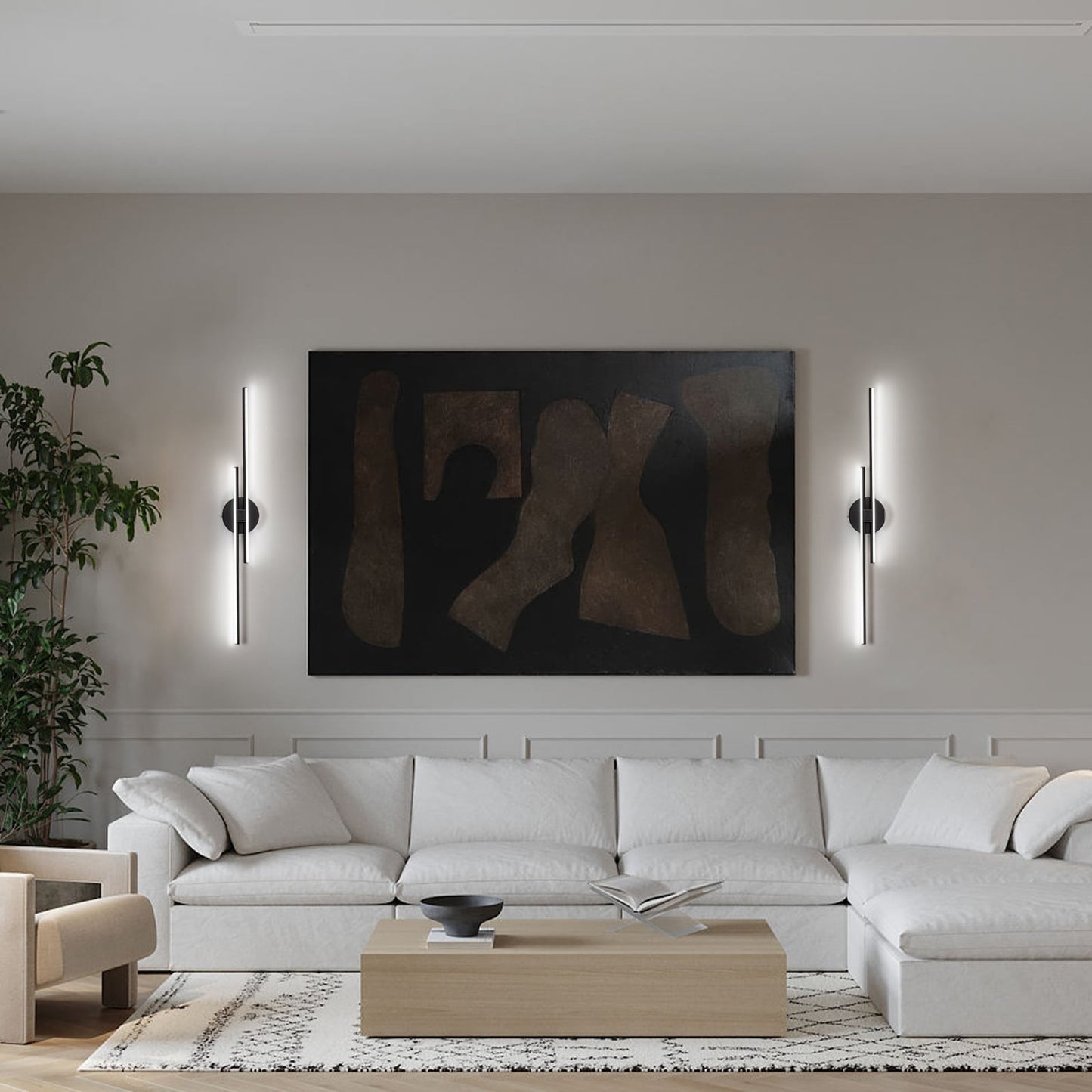 Applique murale linéaire minimaliste en métal à 2 lumières à LED et intensité variable