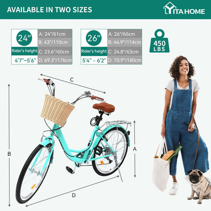 Vélo de croisière Moasis24/26 à 7 vitesses, vélo à cadre réglable, vélo de trajet