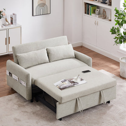 Modern 2 Seat Couch, Microfiber Pull Out Sleep Sofa Bed wih Adjsutable Backrest, Storage Pockets, 2 Soft Pillows, USB Ports