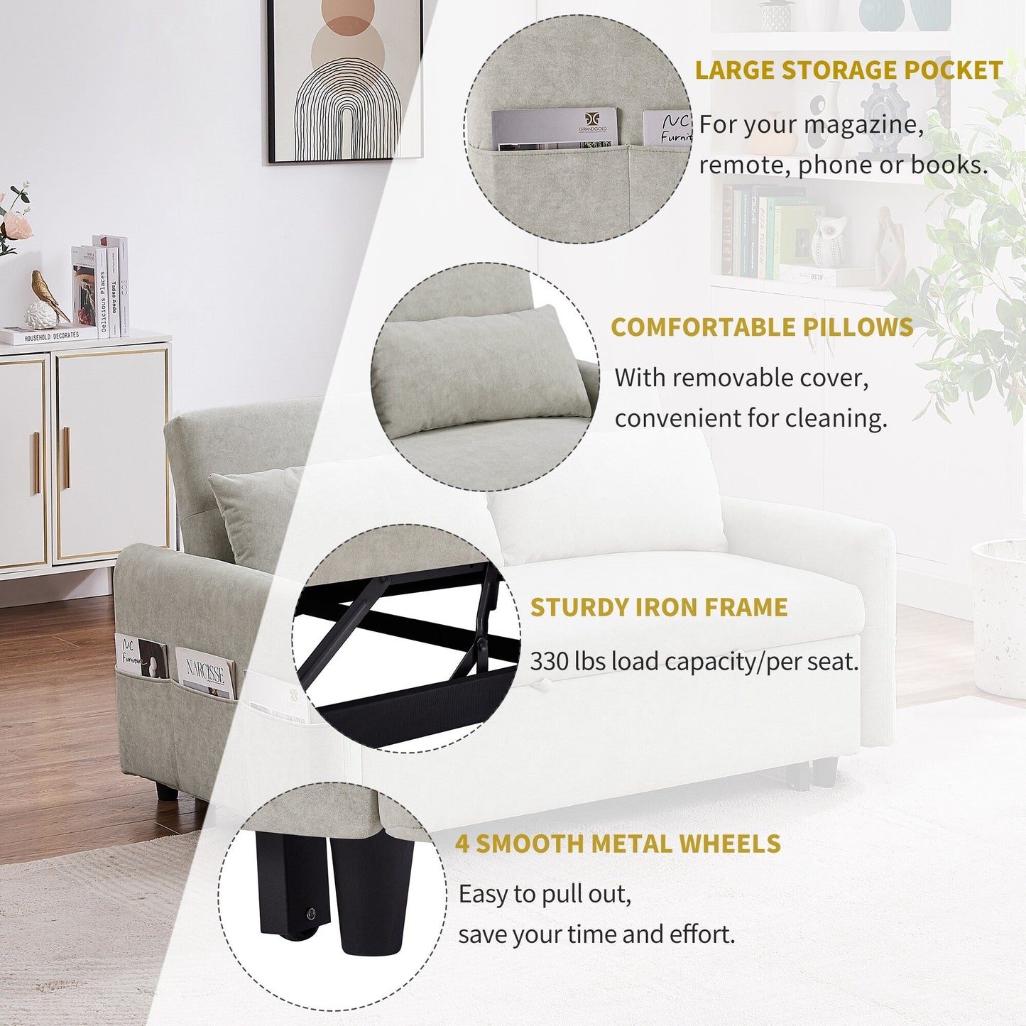 Modern 2 Seat Couch, Microfiber Pull Out Sleep Sofa Bed wih Adjsutable Backrest, Storage Pockets, 2 Soft Pillows, USB Ports