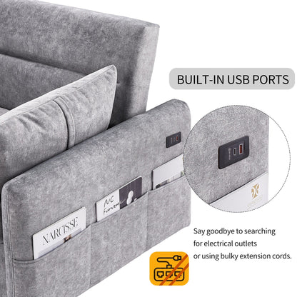 Modern 2 Seat Couch, Microfiber Pull Out Sleep Sofa Bed wih Adjsutable Backrest, Storage Pockets, 2 Soft Pillows, USB Ports