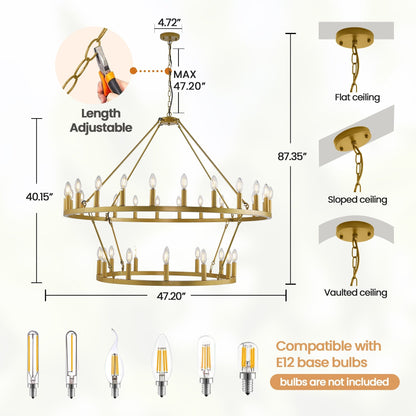 Lustre de ferme moderne à 2 niveaux, lustre rond en forme de roue de chariot, grand plafonnier haut.