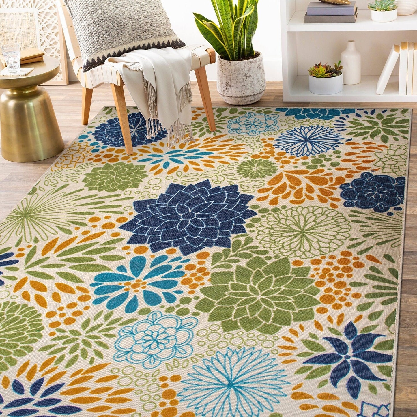 Tapis d'intérieur/extérieur tissé à plat à motifs floraux modernes
