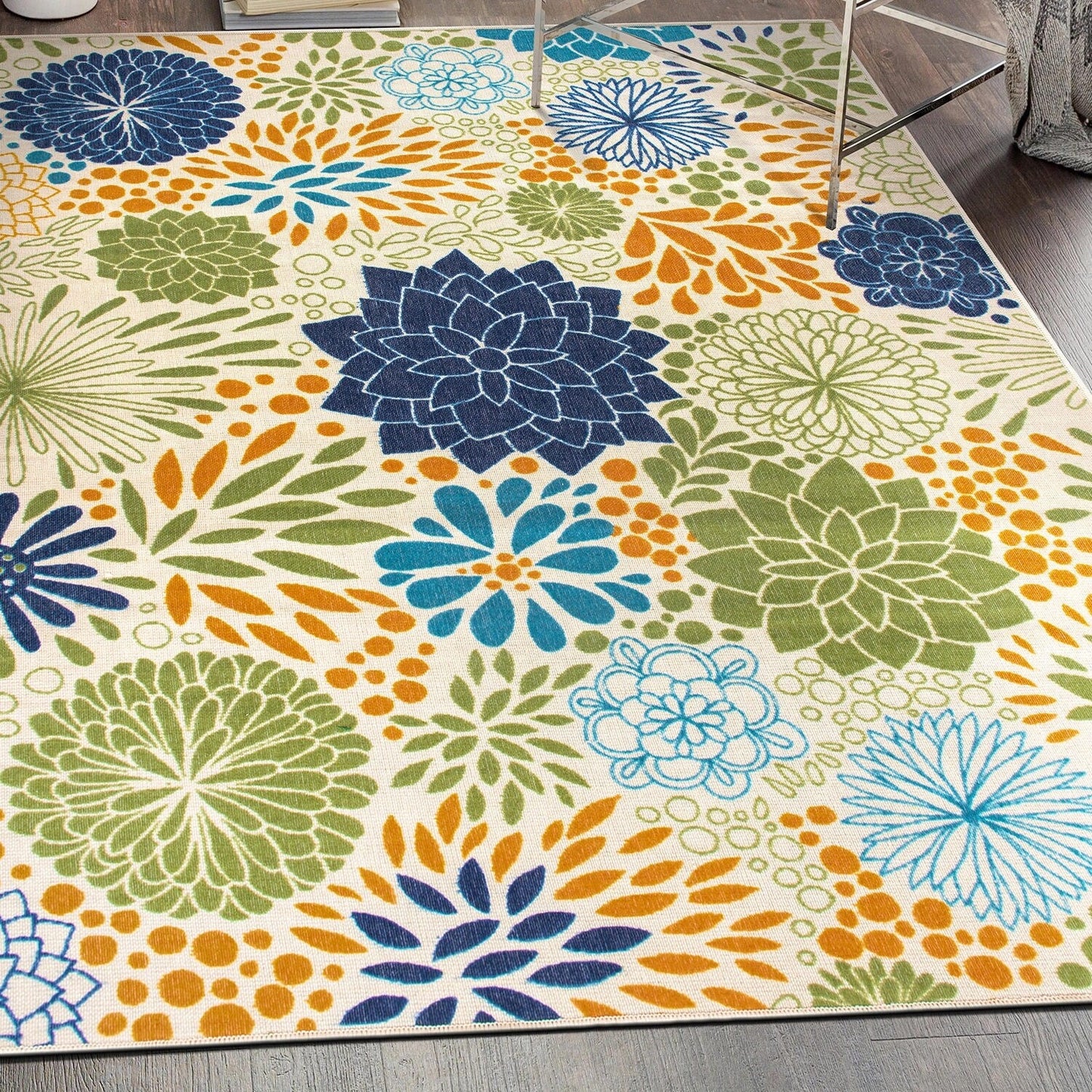 Tapis d'intérieur/extérieur tissé à plat à motifs floraux modernes