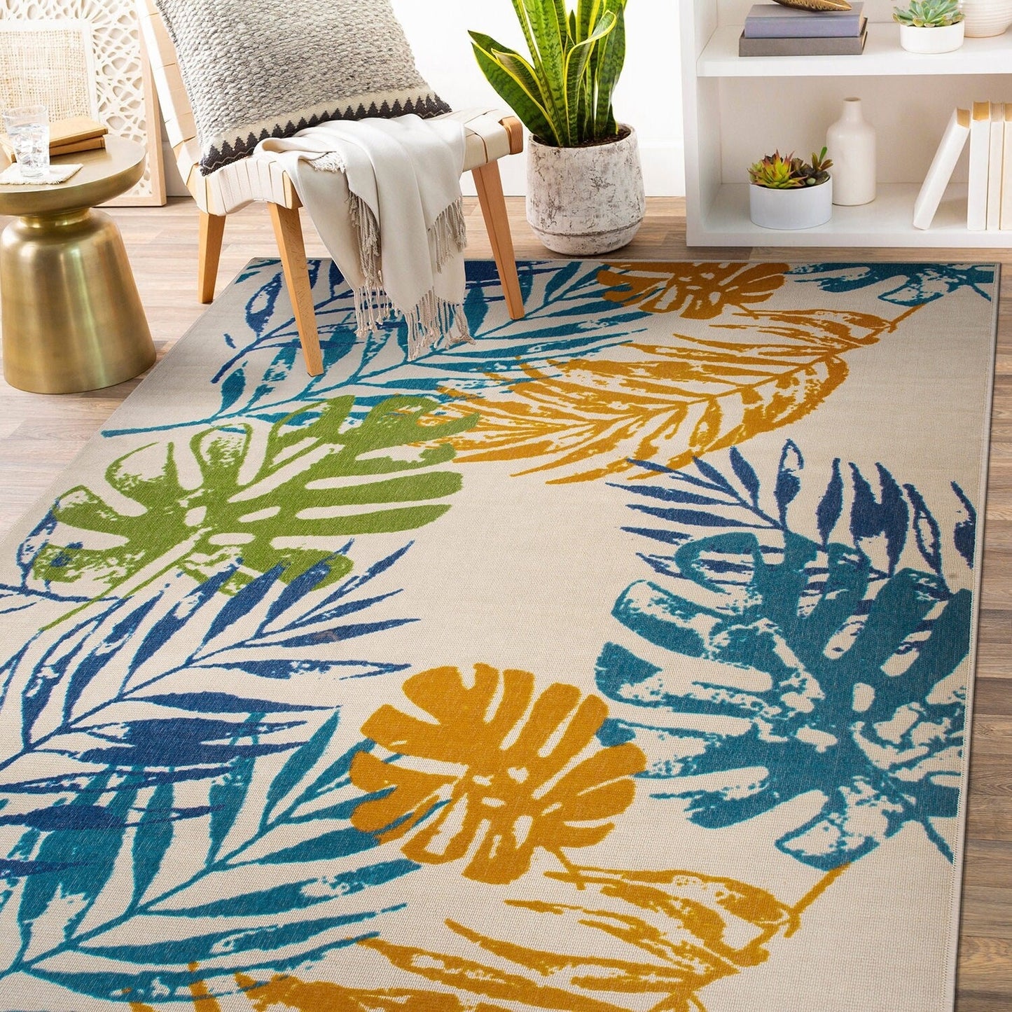 Tapis d'intérieur/extérieur moderne à tissage plat et motif floral et feuilles