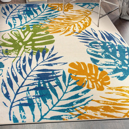 Tapis d'intérieur/extérieur moderne à tissage plat et motif floral et feuilles