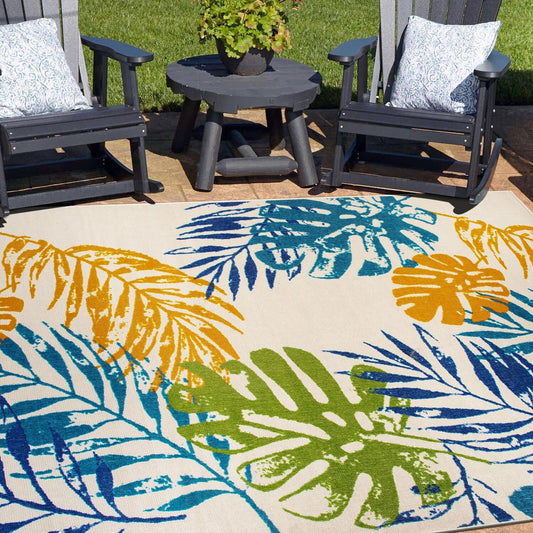 Tapis d'intérieur/extérieur moderne à tissage plat et motif floral et feuilles