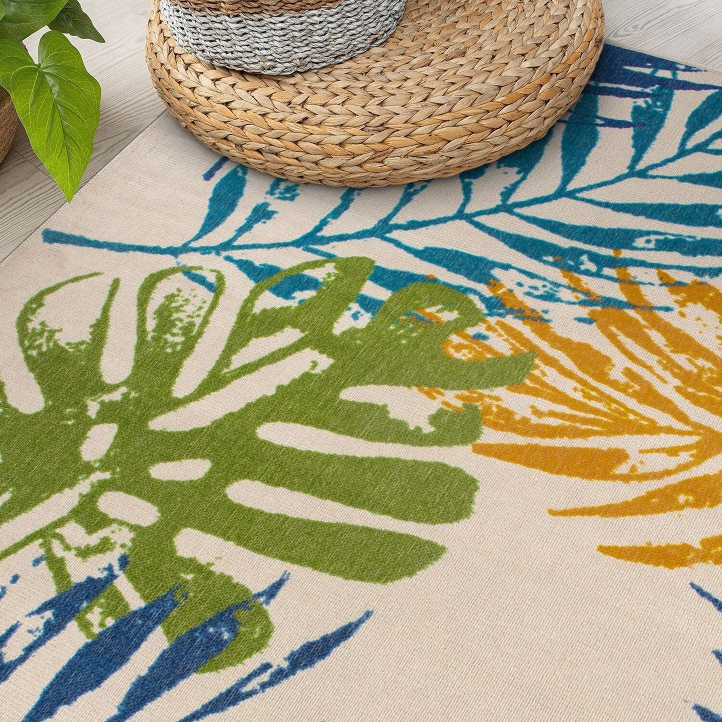 Tapis d'intérieur/extérieur moderne à tissage plat et motif floral et feuilles