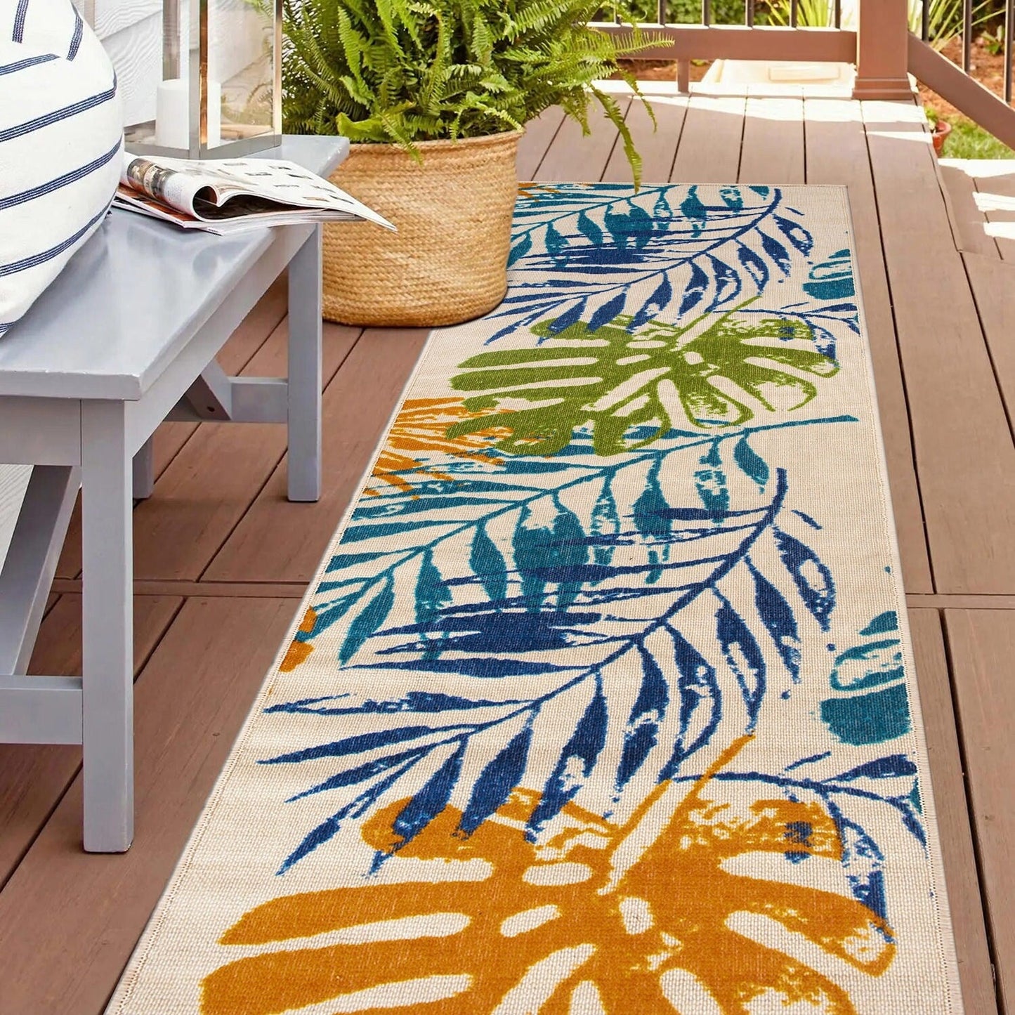 Tapis d'intérieur/extérieur moderne à tissage plat et motif floral et feuilles