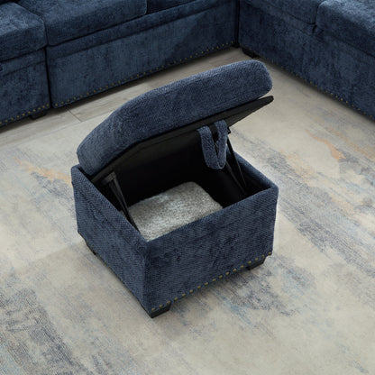 Modern L-Shaped Chenille Sectional Sofa with Pull-Out Sleeper, Storage Seats, Ottoman and 2 Pillows for Living Room